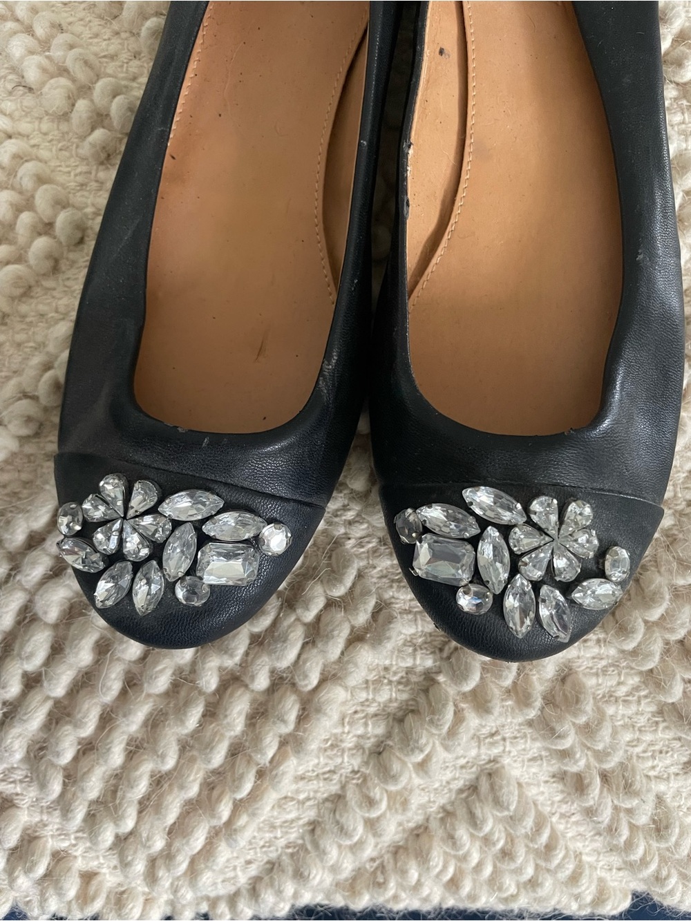 J. Crew Black Leather Ballet Flats with Crystal Toe Embellishments